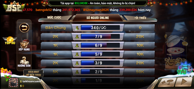 Lựa chọn phòng chơi Xóc đĩa B52club
